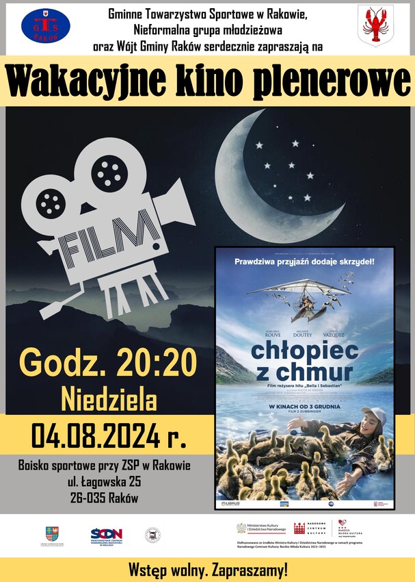 Plakat - Wakacyjne kino plenerowe w Rakowie (szczegóły w treści artykułu)