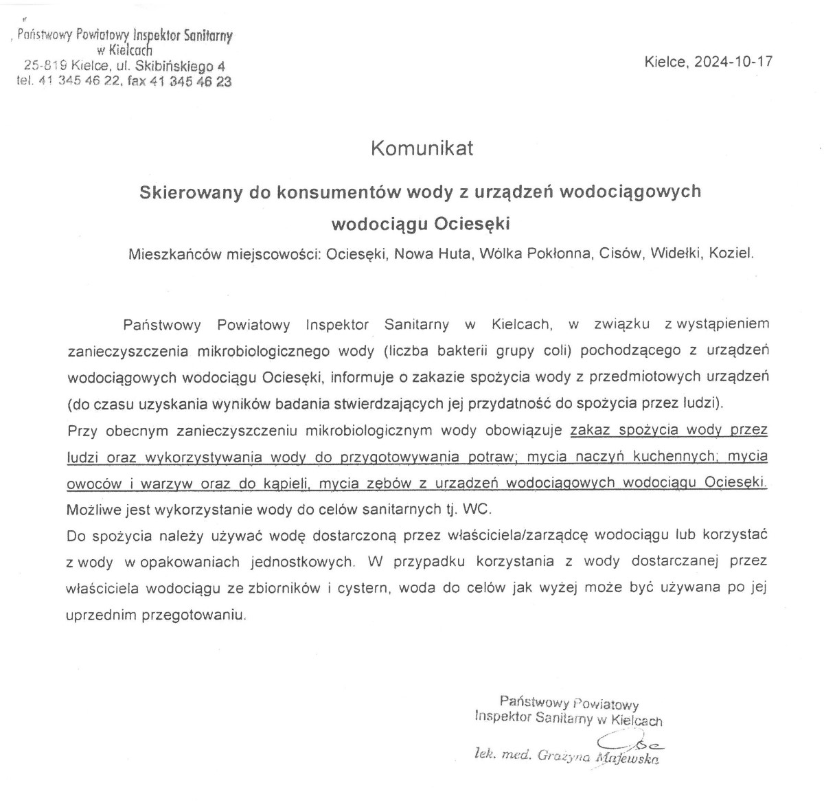 Komunikat PPiS w Kielcach wodociag Ocieseki 1200