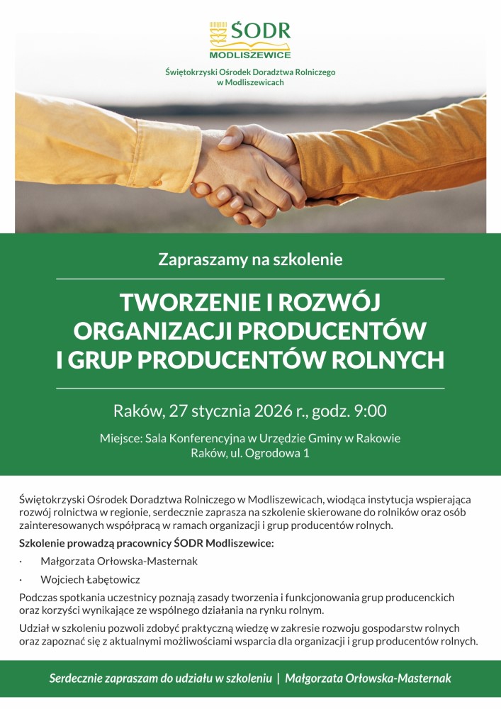 Plakat - Zapraszamy na szkolenie "Tworzenie i rozwój organizacji producentów i grup producentów rolnych"