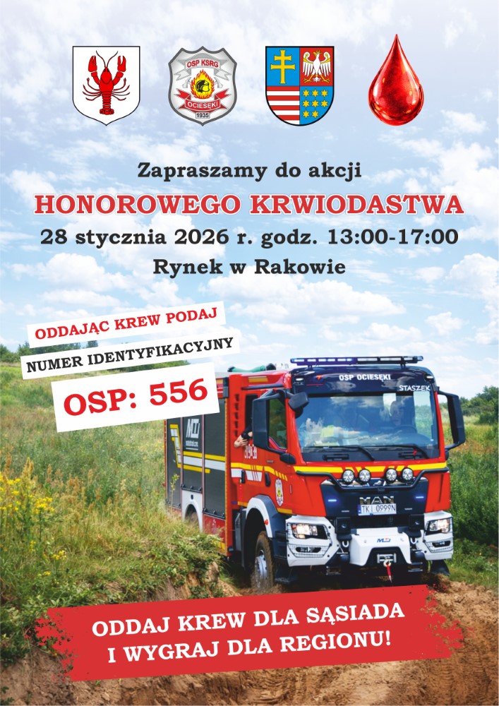 Plakat kolorowy, zaproszenie do akcji honorowego krwiodawstwa, krajobraz, wóz strażacki
