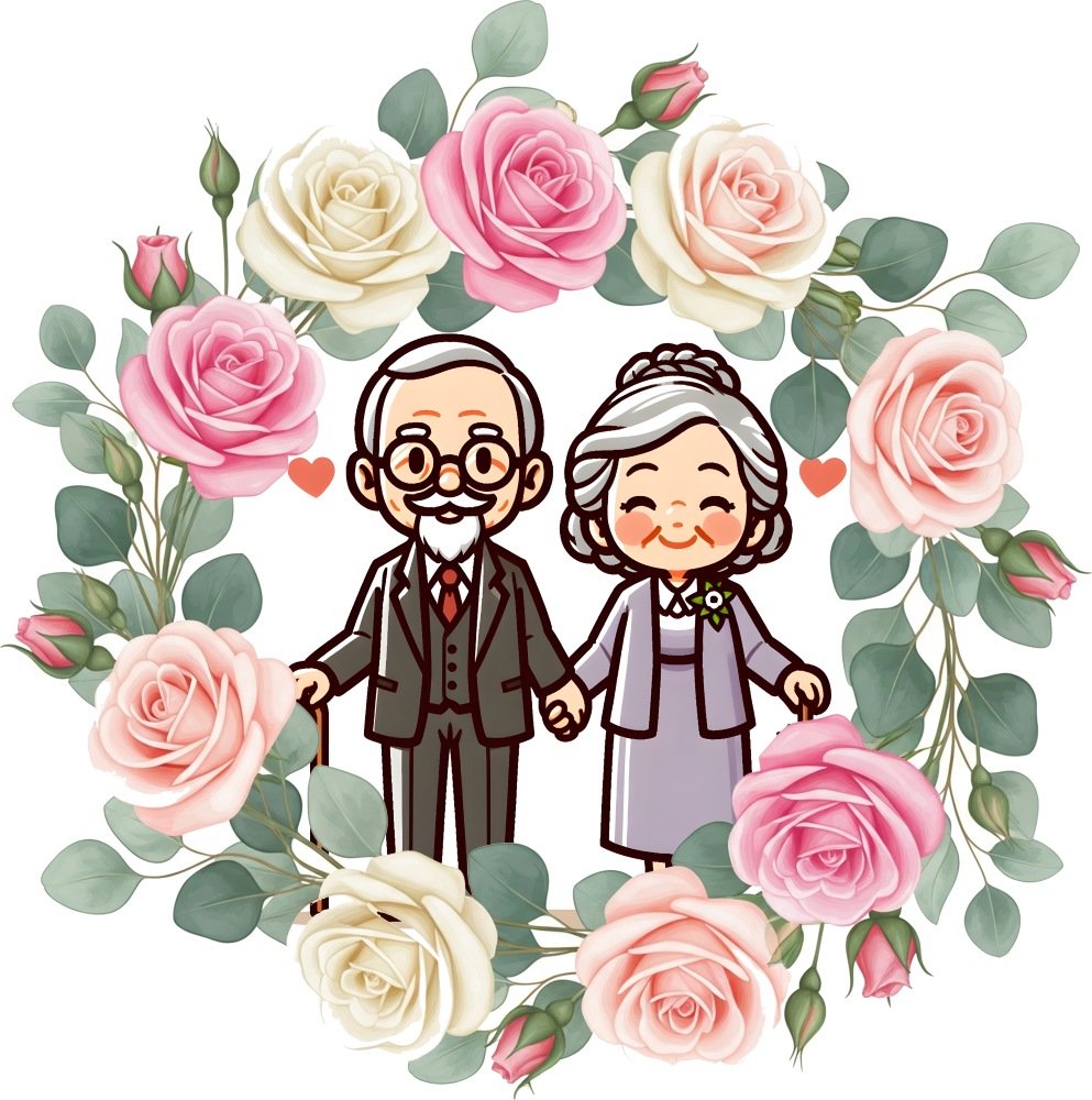 Zdjęcie przedstawia ilustracje wianek z róż, w środku wianka babcie i dziadka trzymających się za ręce