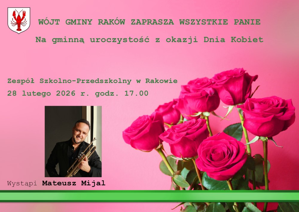 Plakat, zaproszenie na Dzień Kobiet, kwiaty, roże, mężczyzna z trąbką