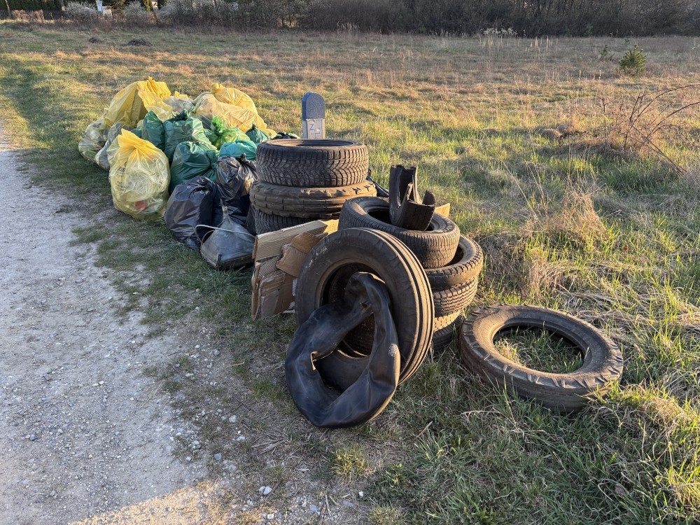 Zdjęcie przedstawia zebrane odpady podczas akcji sprzątania miejscowości Rakówki i Jamna