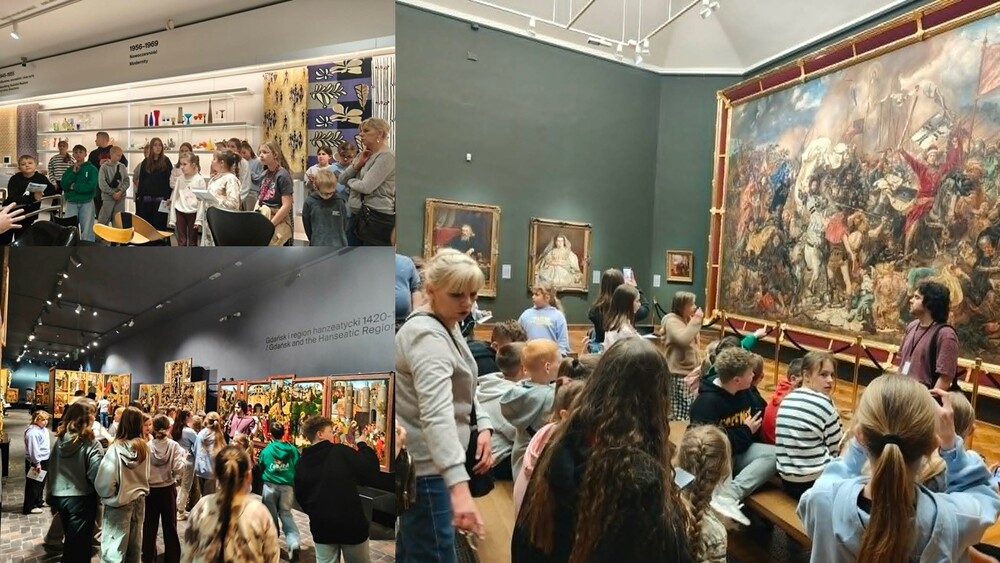 Kolaż zdjęć z ludźmi, w tle obrazy