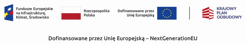 Logotypy KPO PCZP. Od lewej "Krajowy Plan Odbudowy", flaga Rzeczpospolitej Polskiej, napis "sfinansowano przez Unię Europejską NextGenerationEU" flaga  Unii Europejskiej, logo programu "Czyste powietrze".