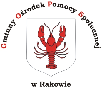 Logo, czerwony rak na białej tarczy, powyżej napis "Gminny Ośrodek Pomocy Społecznej", poniżej napis "w Rakowie"