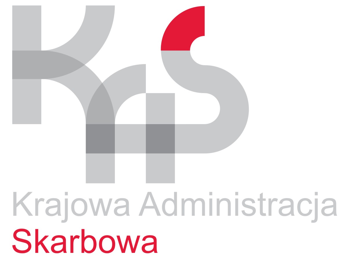 Logo Krajowej Administracji Skarbowej - szare i czerwone litery na białym tle