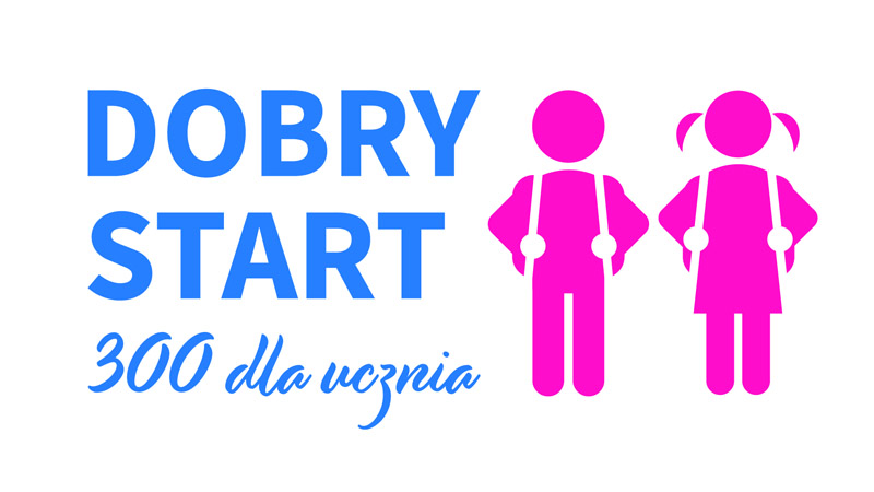 logotyp - niebieski litery na białym tle "Dobry Start 300 dla ucznia", 