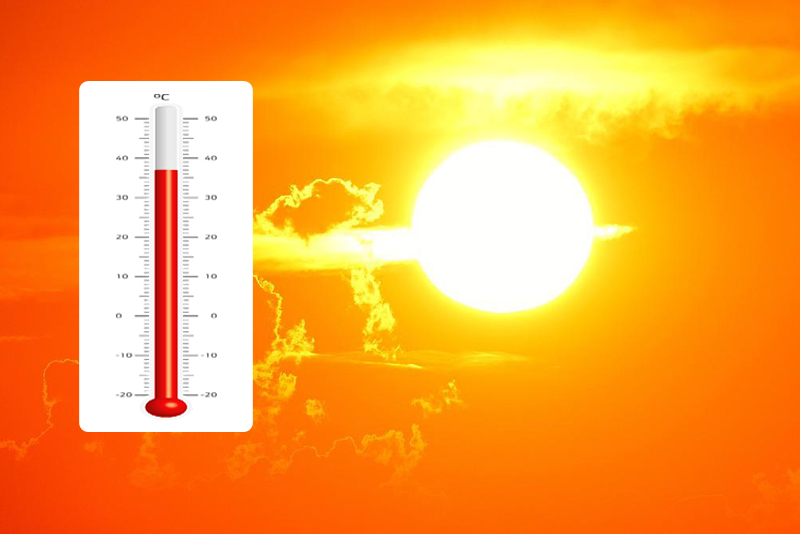 Po lewej stronie grafiki - termometr wskazujący wysoką, po prawej stronie ostro świecące słońce